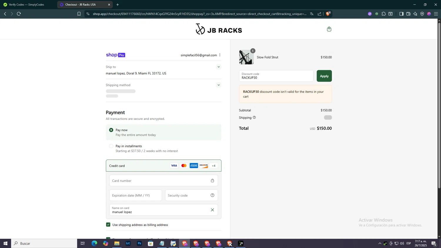 JB Racks US promo code screenshot showing code RACKUP30 applied at JB Racks US checkout page. Uploaded by SimplyCodes community member ELHIJOEMILA on Jul 26, 2025