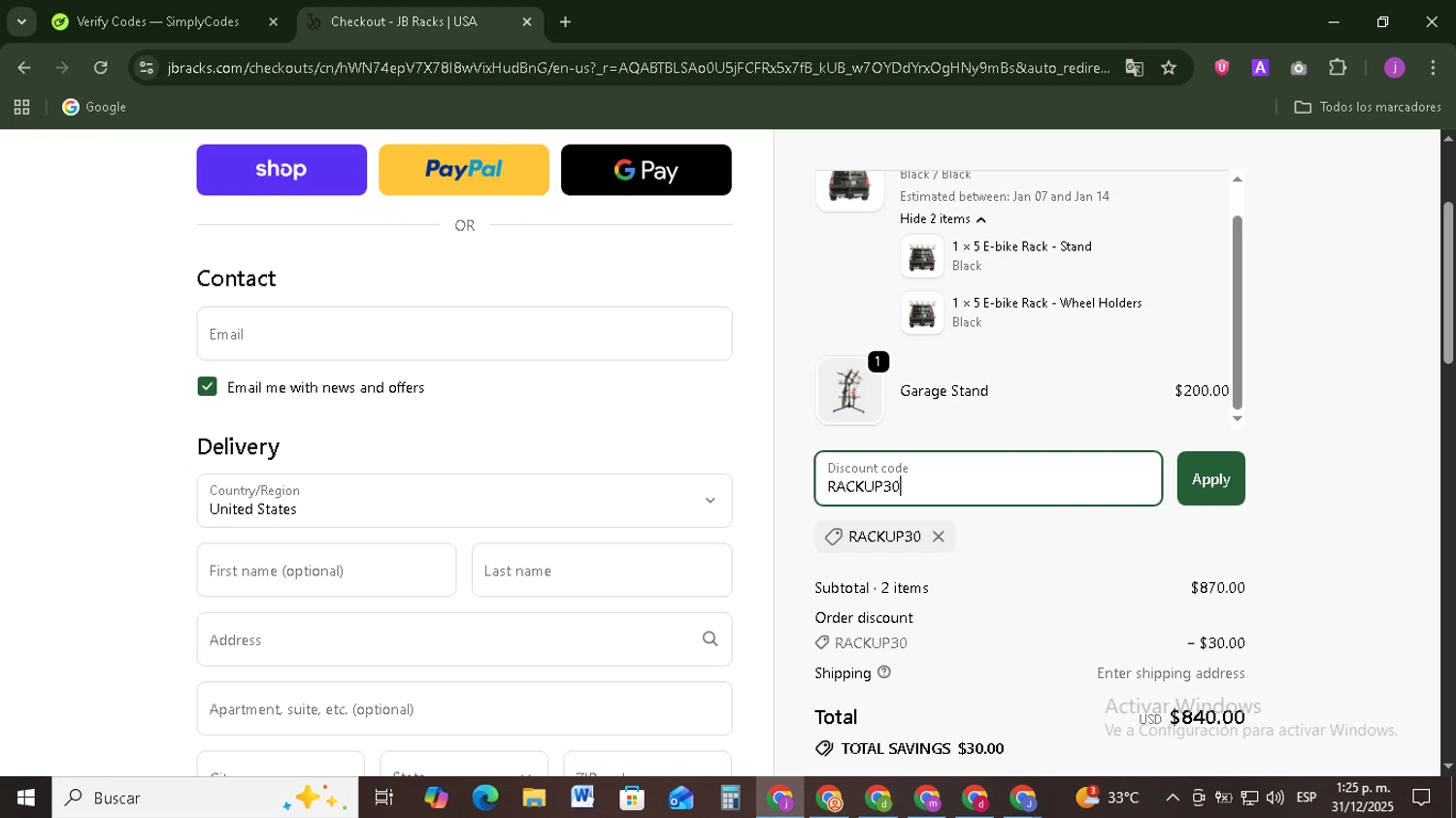 JB Racks US promo code screenshot showing code RACKUP30 applied at JB Racks US checkout page. Uploaded by SimplyCodes community member Tazbravo on Dec 31, 2025