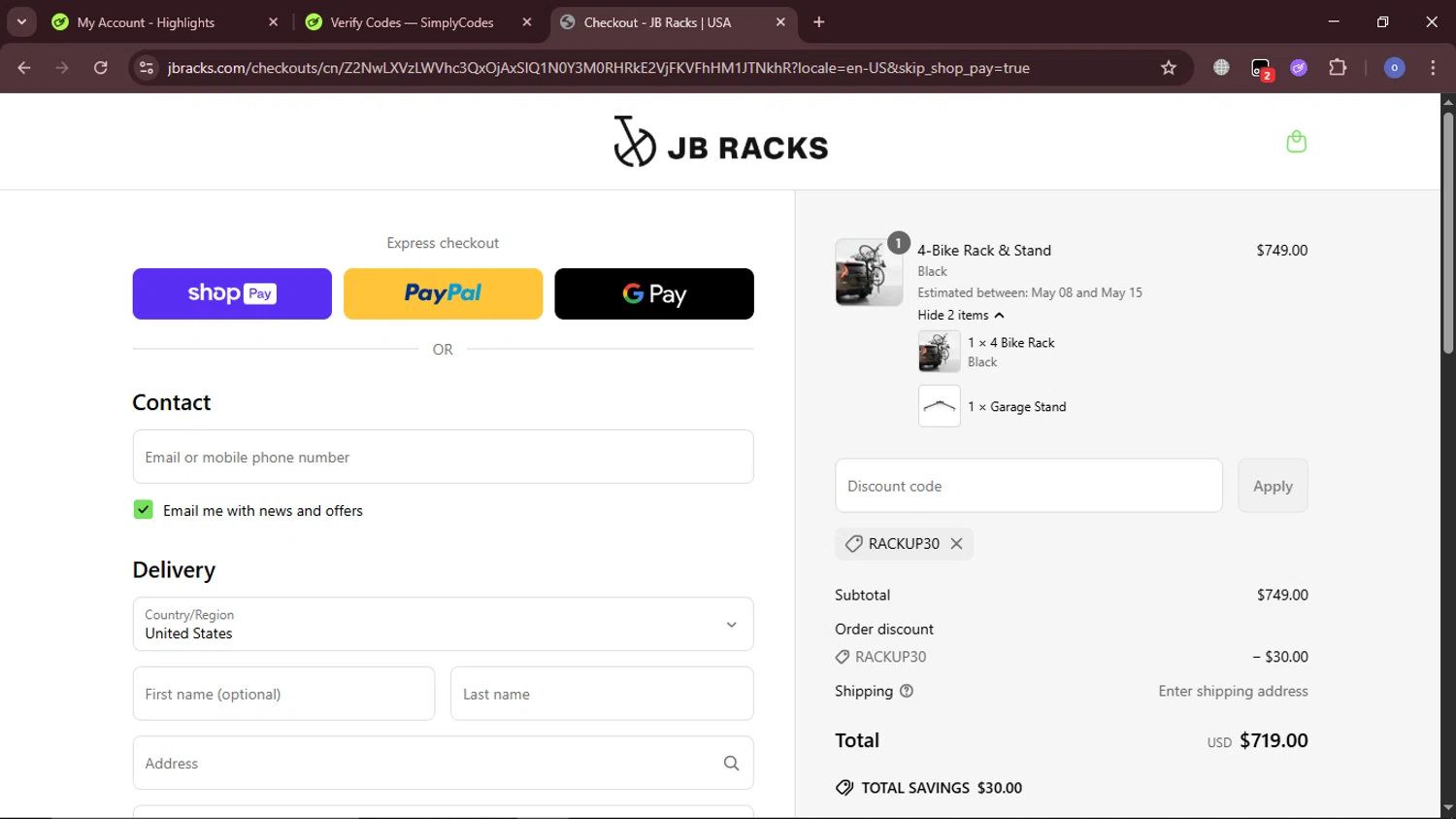 JB Racks US promo code screenshot showing code RACKUP30 applied at JB Racks US checkout page. Uploaded by SimplyCodes community member MightyEagle390 on May 1, 2025