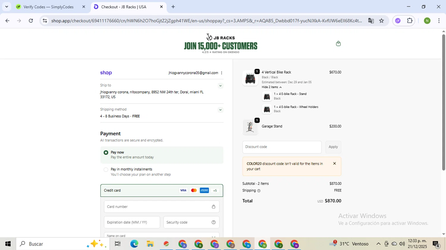 JB Racks US promo code screenshot showing code COLOR20 applied at JB Racks US checkout page. Uploaded by SimplyCodes community member TokenMaverick6956 on Dec 21, 2025