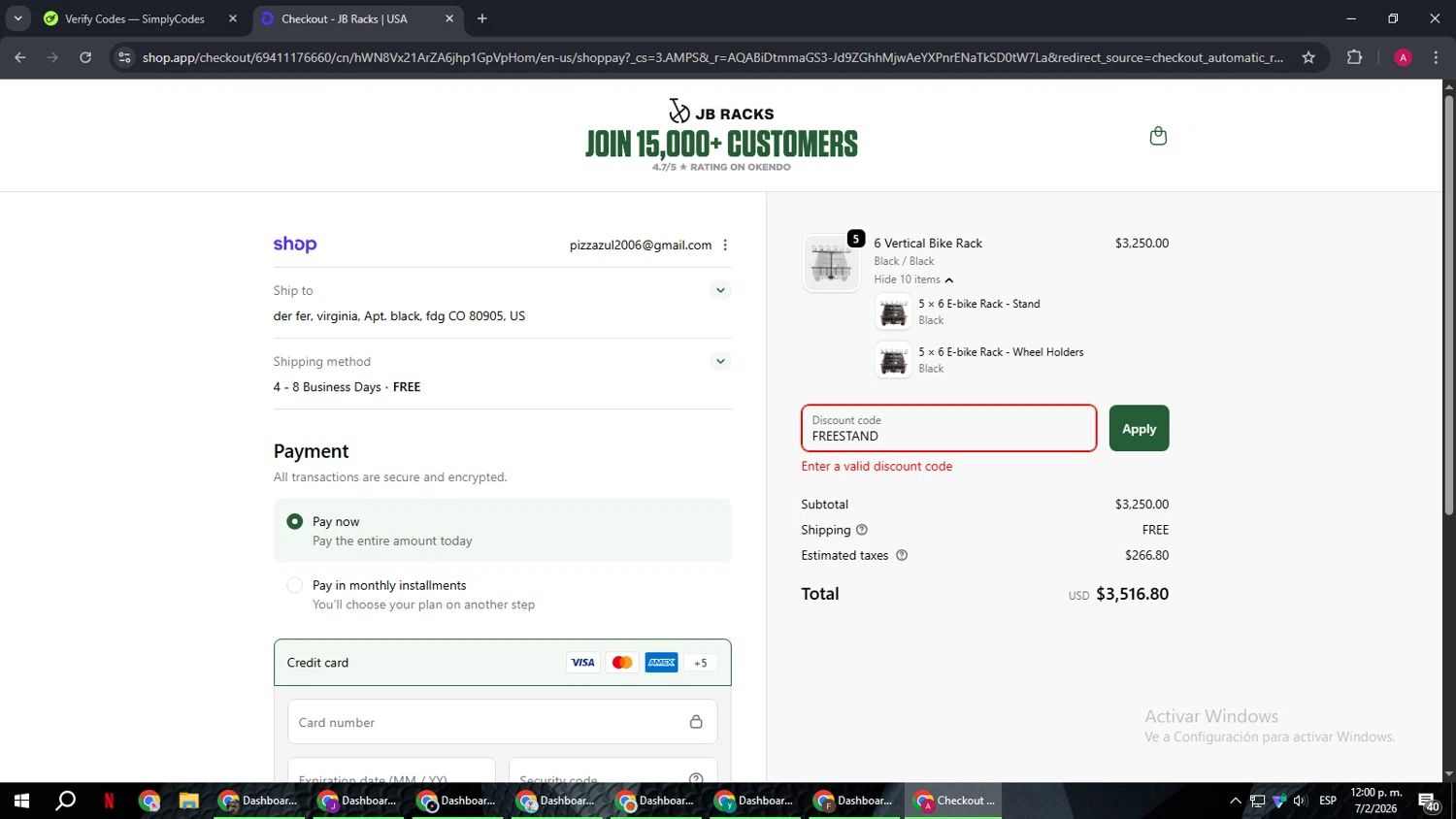 JB Racks US promo code screenshot showing code FREESTAND applied at JB Racks US checkout page. Uploaded by SimplyCodes community member BMWGS1200 on Feb 7, 2026