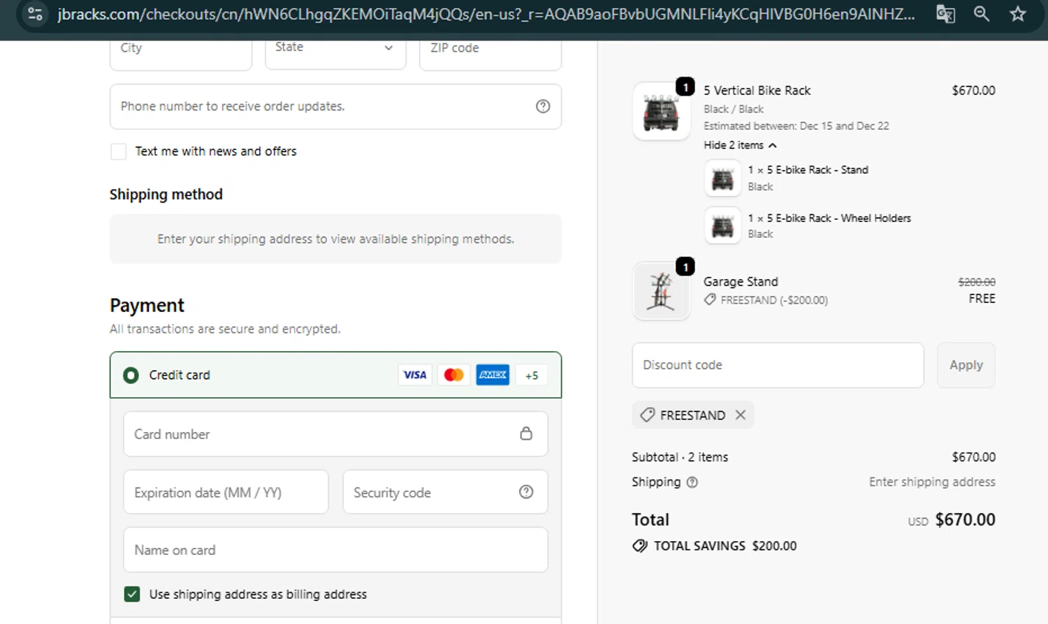 JB Racks US promo code screenshot showing code FREESTAND applied at JB Racks US checkout page. Uploaded by SimplyCodes community member Jhonny on Dec 8, 2025