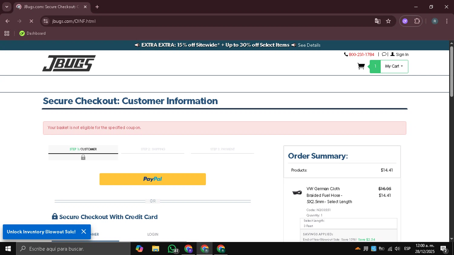 JBugs coupon code screenshot showing code JBUGS76KT984BE applied at JBugs checkout page. Uploaded by SimplyCodes community member DealHawk3765 on Dec 29, 2025