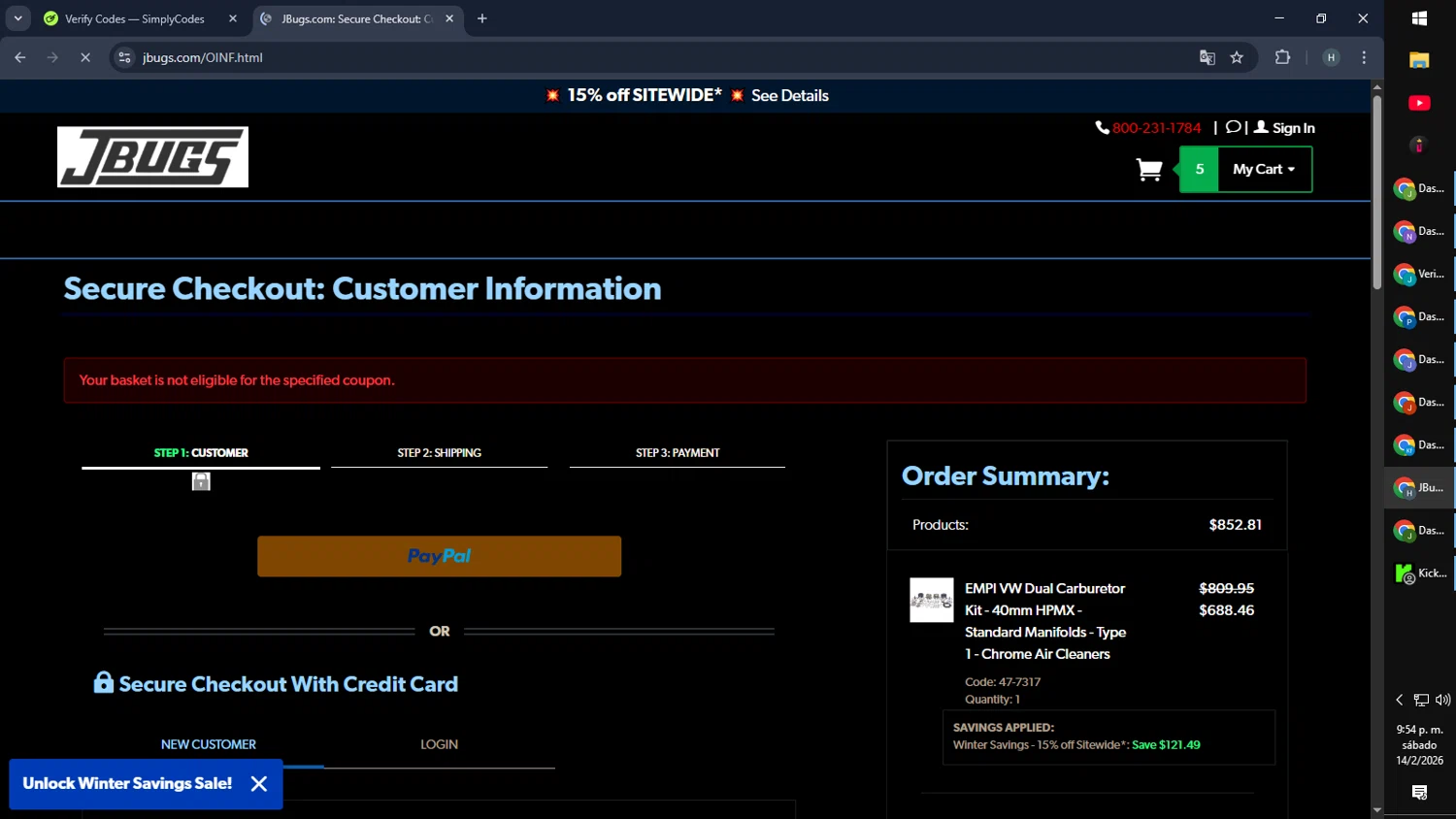 JBugs coupon code screenshot showing code JBUGS76KT984BE applied at JBugs checkout page. Uploaded by SimplyCodes community member SmartMaverick5327 on Feb 15, 2026
