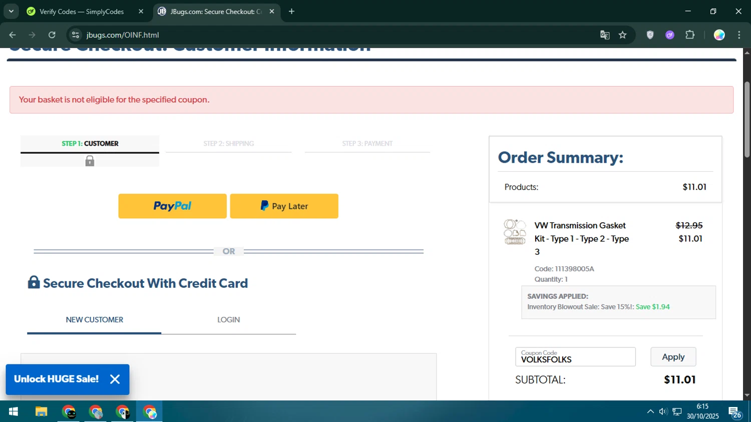 JBugs coupon code screenshot showing code VOLKSFOLKS applied at JBugs checkout page. Uploaded by SimplyCodes community member Estrellitacoairis on Oct 30, 2025