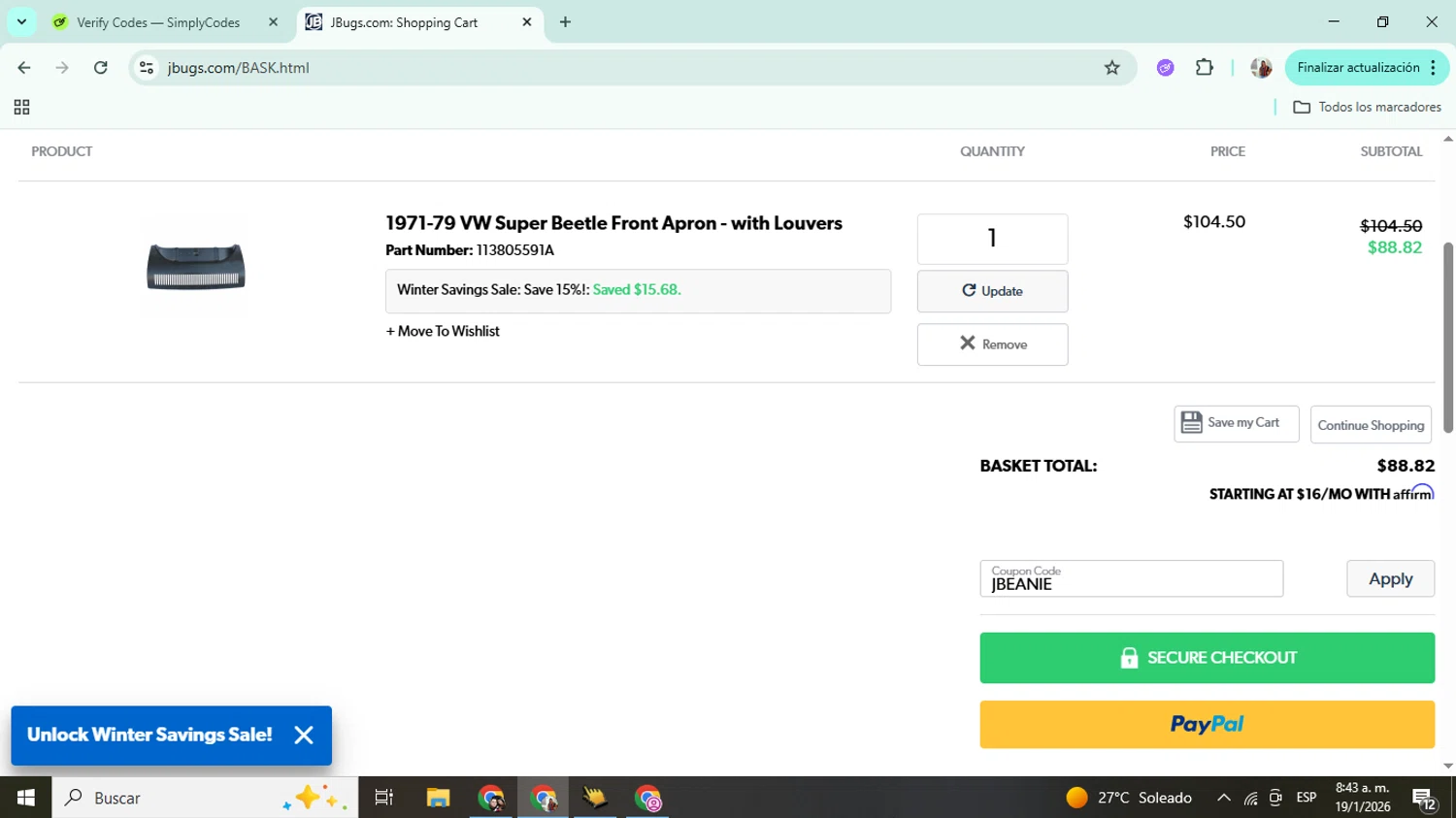 JBugs coupon code screenshot showing code JBEANIE applied at JBugs checkout page. Uploaded by SimplyCodes community member Mujerdejunnior on Jan 19, 2026