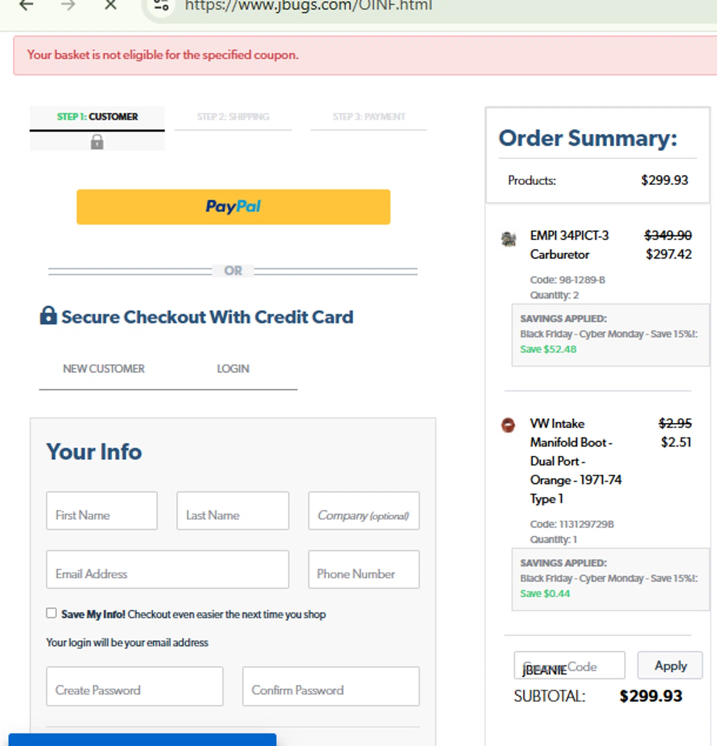 JBugs coupon code screenshot showing code JBEANIE applied at JBugs checkout page. Uploaded by SimplyCodes community member RewardFinder4836 on Nov 22, 2025