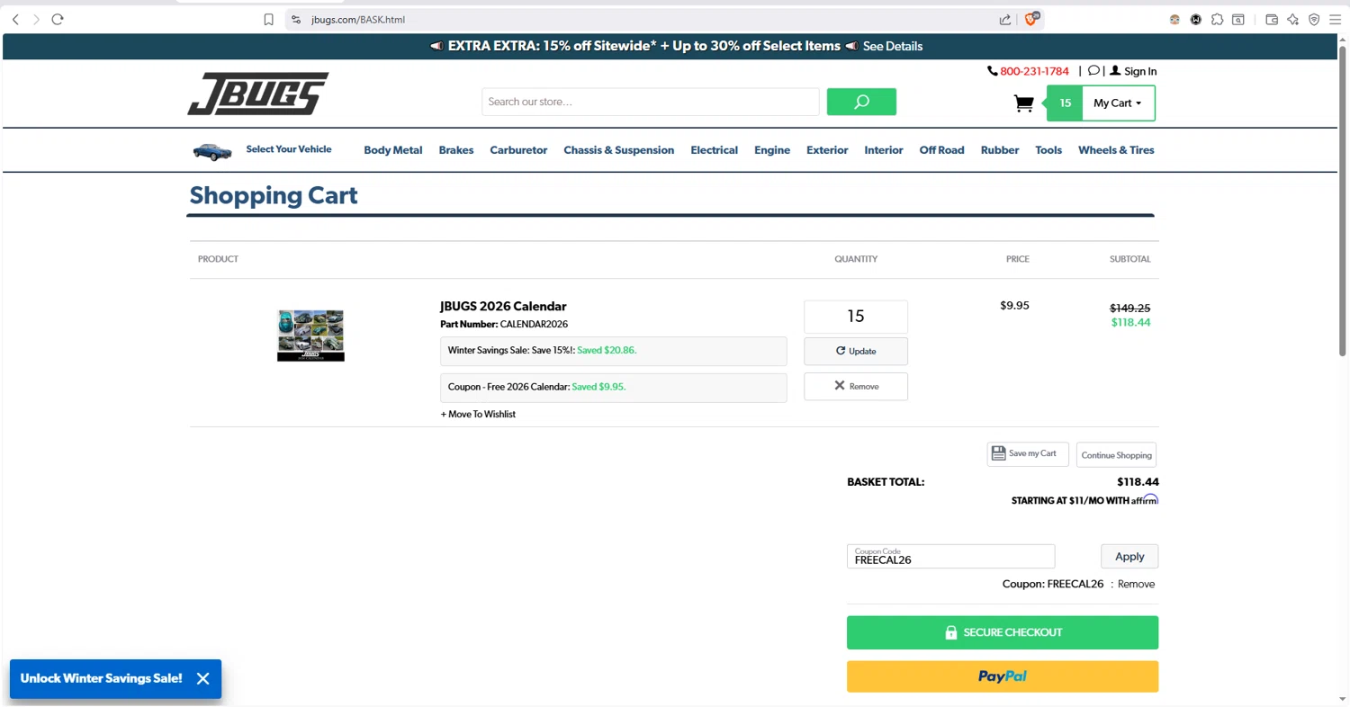 JBugs checkout page showing JBugs coupon code box | Screenshot taken by SimplyCodes community member on Jan 12, 2026