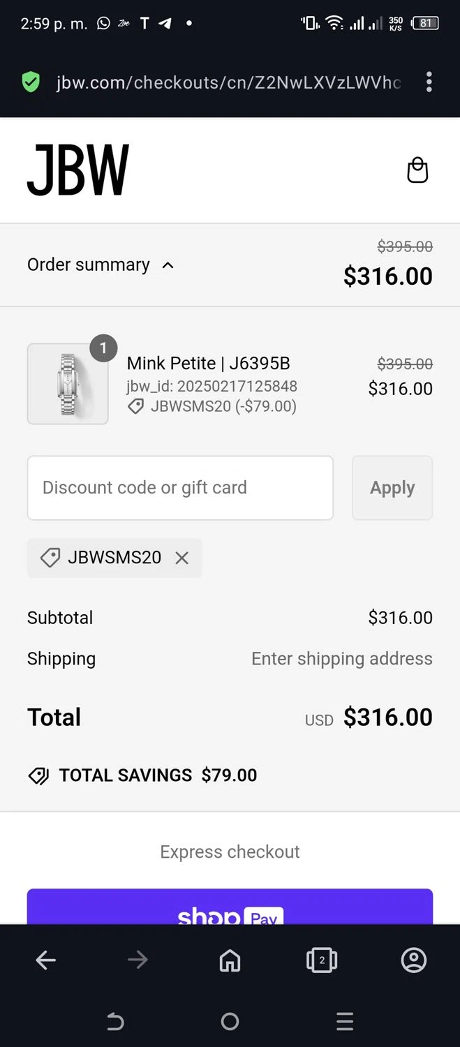 JBW Watches discount code screenshot showing code jbwsms20 applied at JBW Watches checkout page. Uploaded by SimplyCodes community member Beaaalmera on Feb 17, 2025