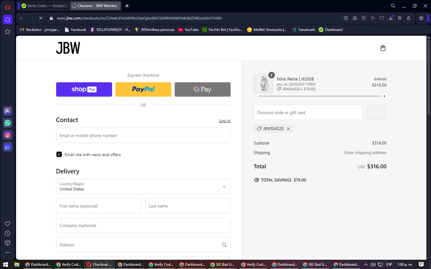 JBW Watches discount code screenshot showing code jbwsms20 applied at JBW Watches checkout page. Uploaded by SimplyCodes community member Laureandiaz on Feb 5, 2025