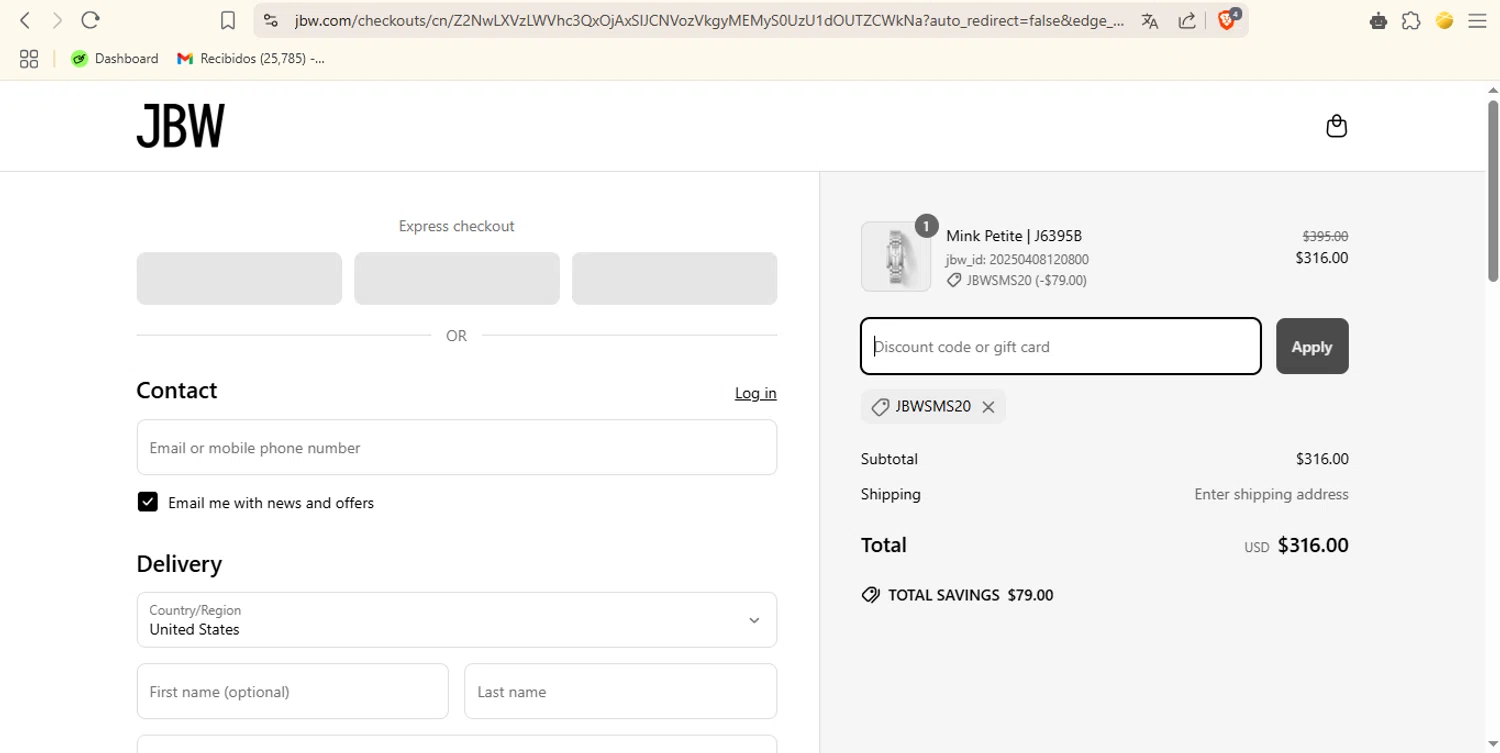 JBW Watches discount code screenshot showing code jbwsms20 applied at JBW Watches checkout page. Uploaded by SimplyCodes community member popeyemalkovich on Apr 8, 2025