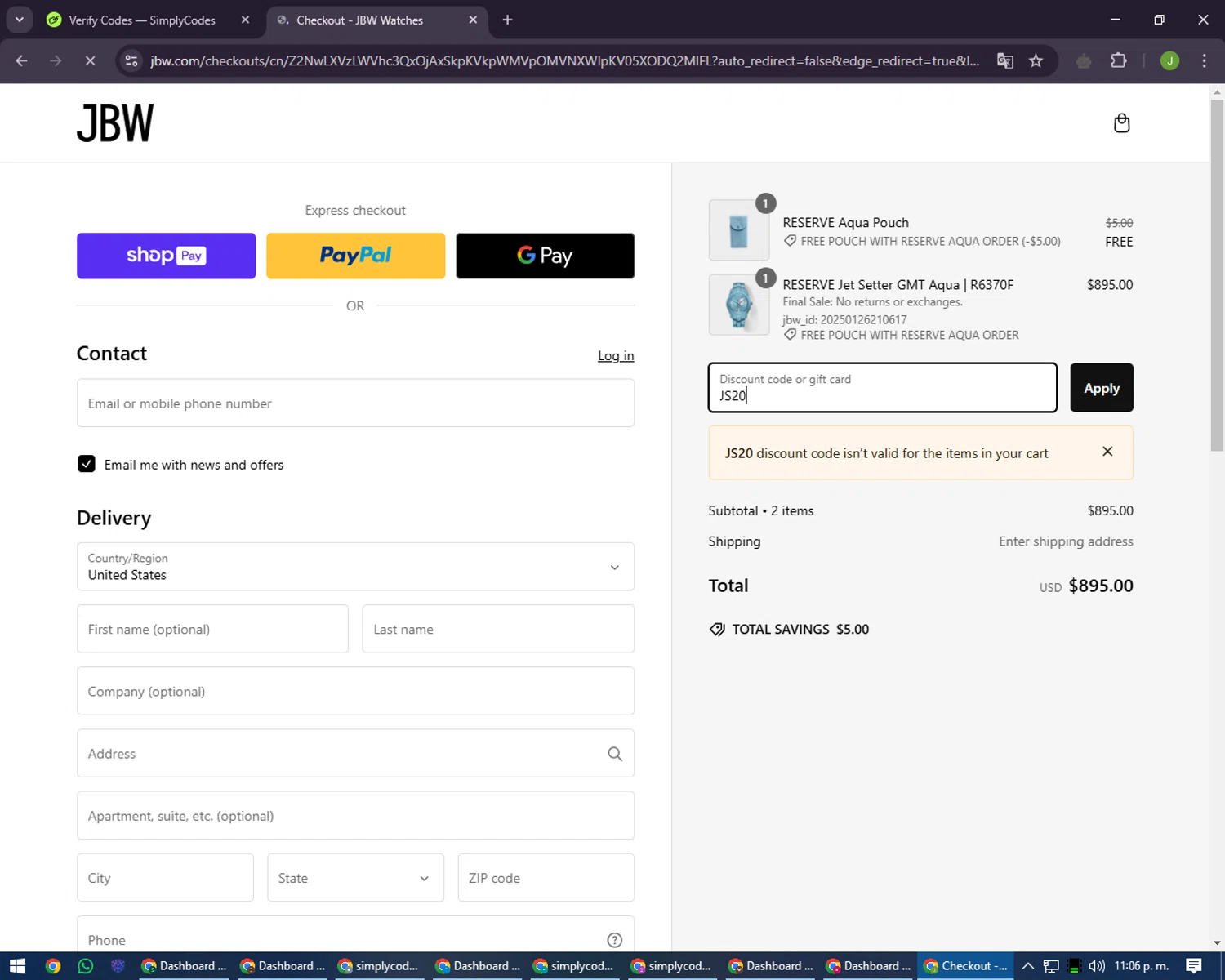 JBW Watches discount code screenshot showing code JS20 applied at JBW Watches checkout page. Uploaded by SimplyCodes community member LilBaby on Jan 27, 2025