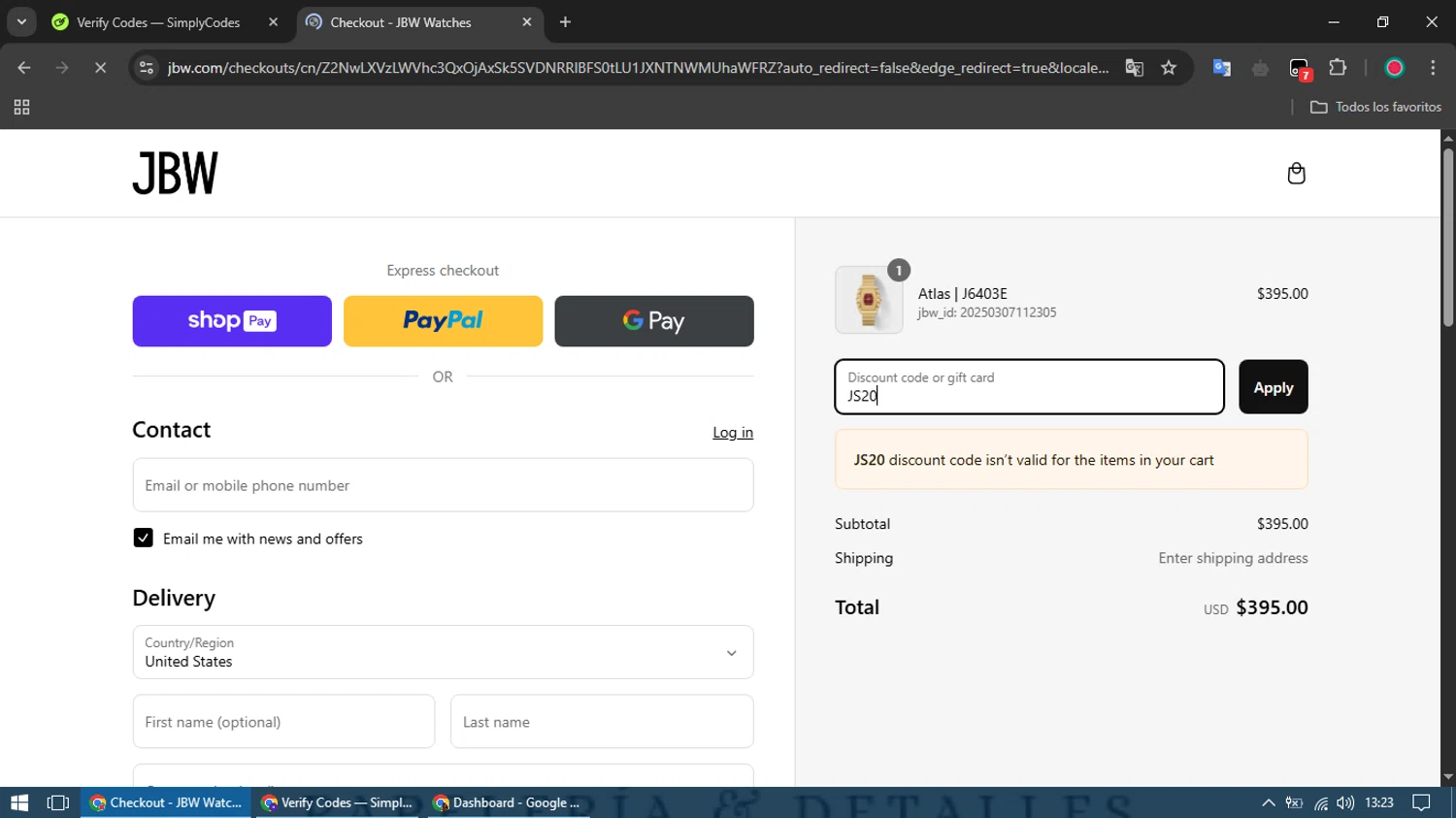JBW Watches discount code screenshot showing code JS20 applied at JBW Watches checkout page. Uploaded by SimplyCodes community member bombom on Mar 7, 2025
