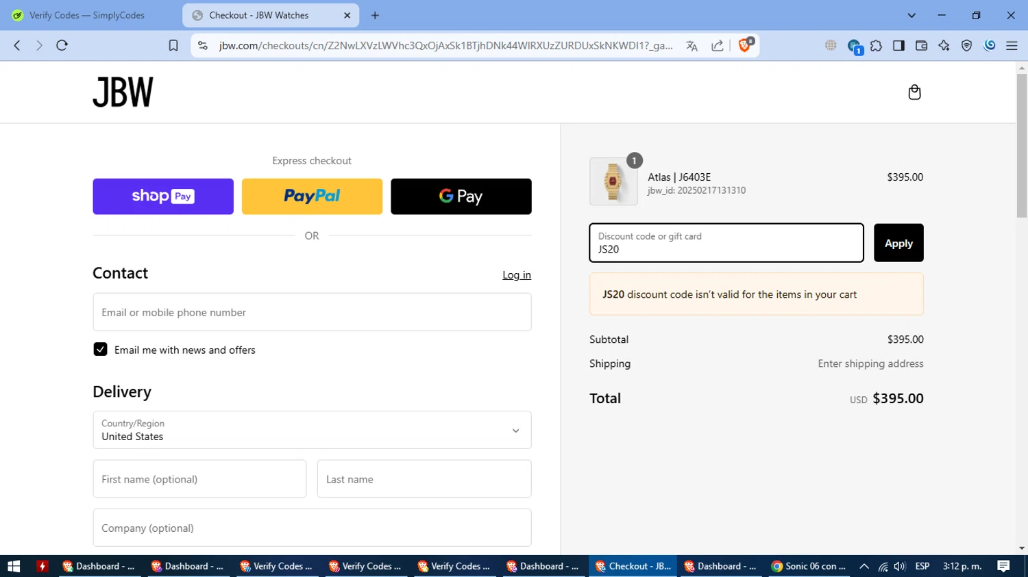 JBW Watches discount code screenshot showing code JS20 applied at JBW Watches checkout page. Uploaded by SimplyCodes community member SmartFinder4794 on Feb 17, 2025