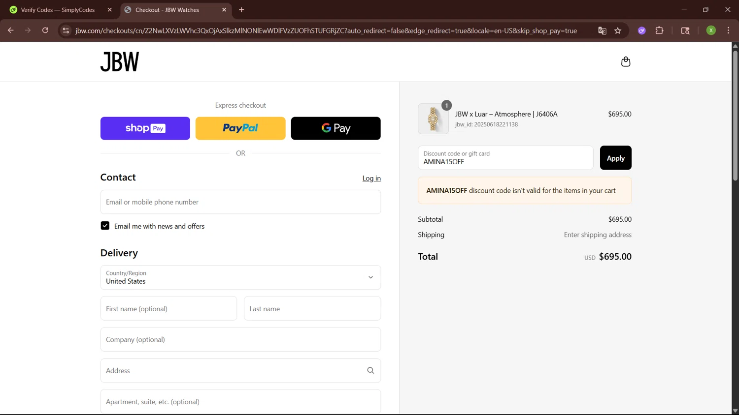 JBW Watches discount code screenshot showing code AMINA15OFF applied at JBW Watches checkout page. Uploaded by SimplyCodes community member SaleTiger1087 on Jun 19, 2025