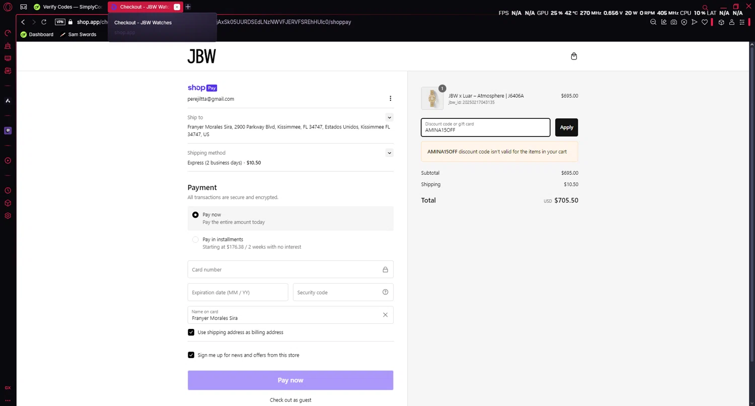 JBW Watches discount code screenshot showing code AMINA15OFF applied at JBW Watches checkout page. Uploaded by SimplyCodes community member Franyer on Feb 17, 2025