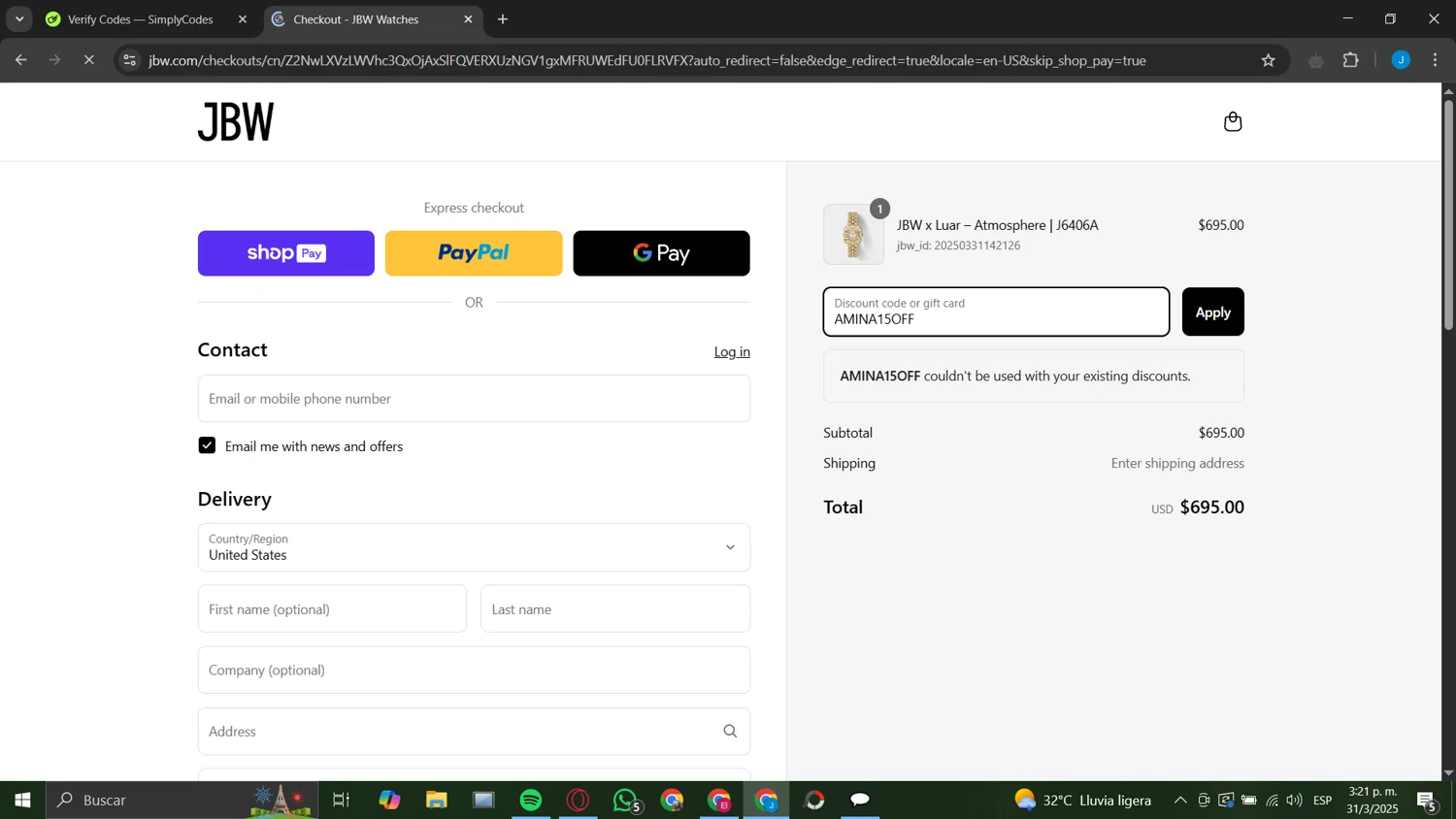 JBW Watches discount code screenshot showing code AMINA15OFF applied at JBW Watches checkout page. Uploaded by SimplyCodes community member ValiantEagle7856 on Mar 31, 2025