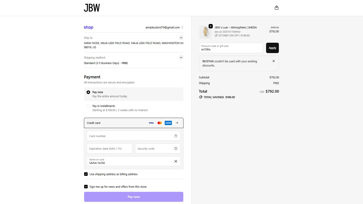JBW Watches discount code screenshot showing code re15thx applied at JBW Watches checkout page. Uploaded by SimplyCodes community member MrsPopo on Oct 11, 2025