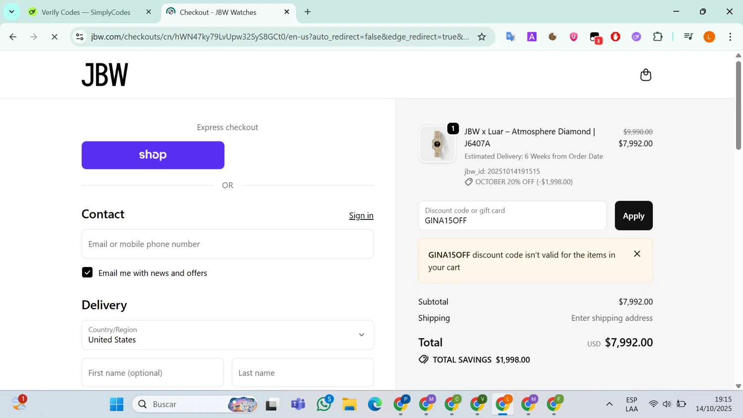JBW Watches discount code screenshot showing code GINA15OFF applied at JBW Watches checkout page. Uploaded by SimplyCodes community member RebateLegend8934 on Oct 15, 2025