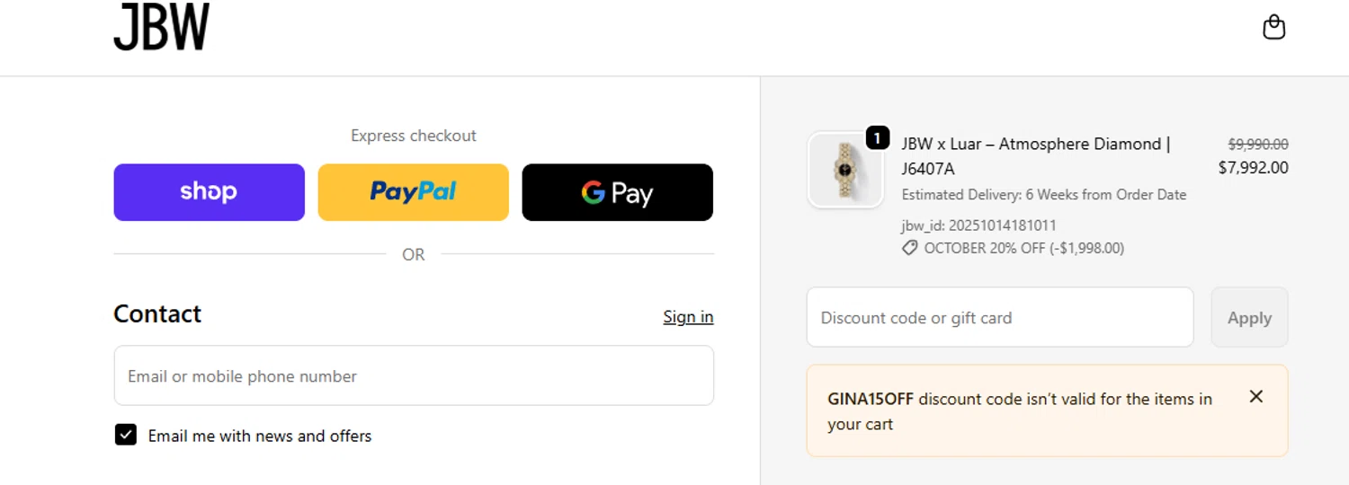 JBW Watches discount code screenshot showing code GINA15OFF applied at JBW Watches checkout page. Uploaded by SimplyCodes community member ashe1986 on Oct 14, 2025