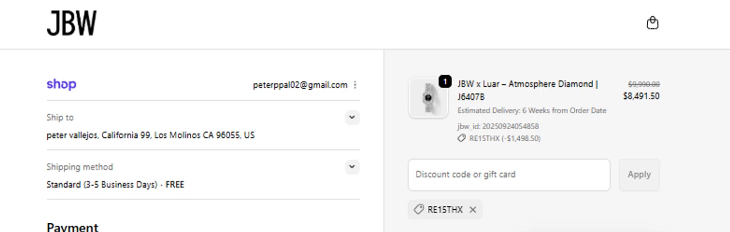 JBW Watches discount code screenshot showing code re15thx applied at JBW Watches checkout page. Uploaded by SimplyCodes community member ricardoramirez1 on Sep 24, 2025
