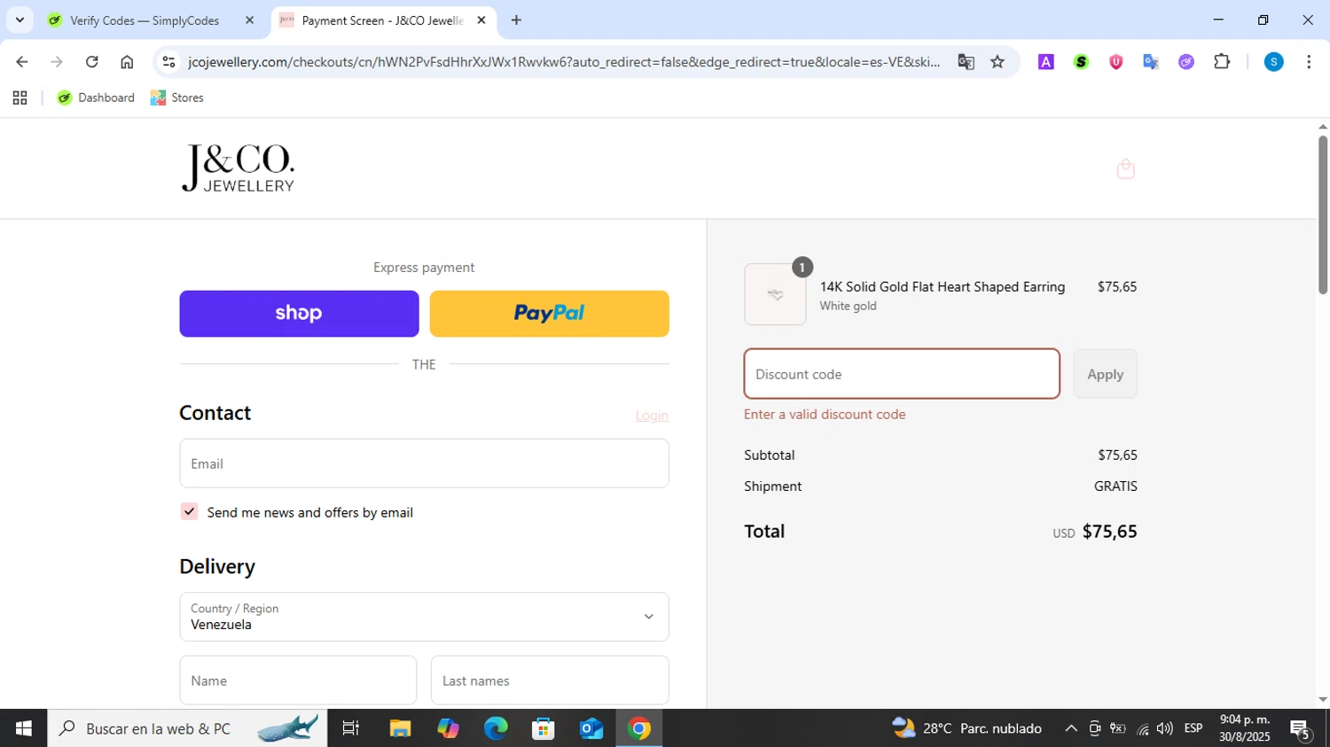 J&Co Jewellery discount code screenshot showing code JEWEL10 applied at J&Co Jewellery checkout page. Uploaded by SimplyCodes community member Tsubaki on Aug 31, 2025
