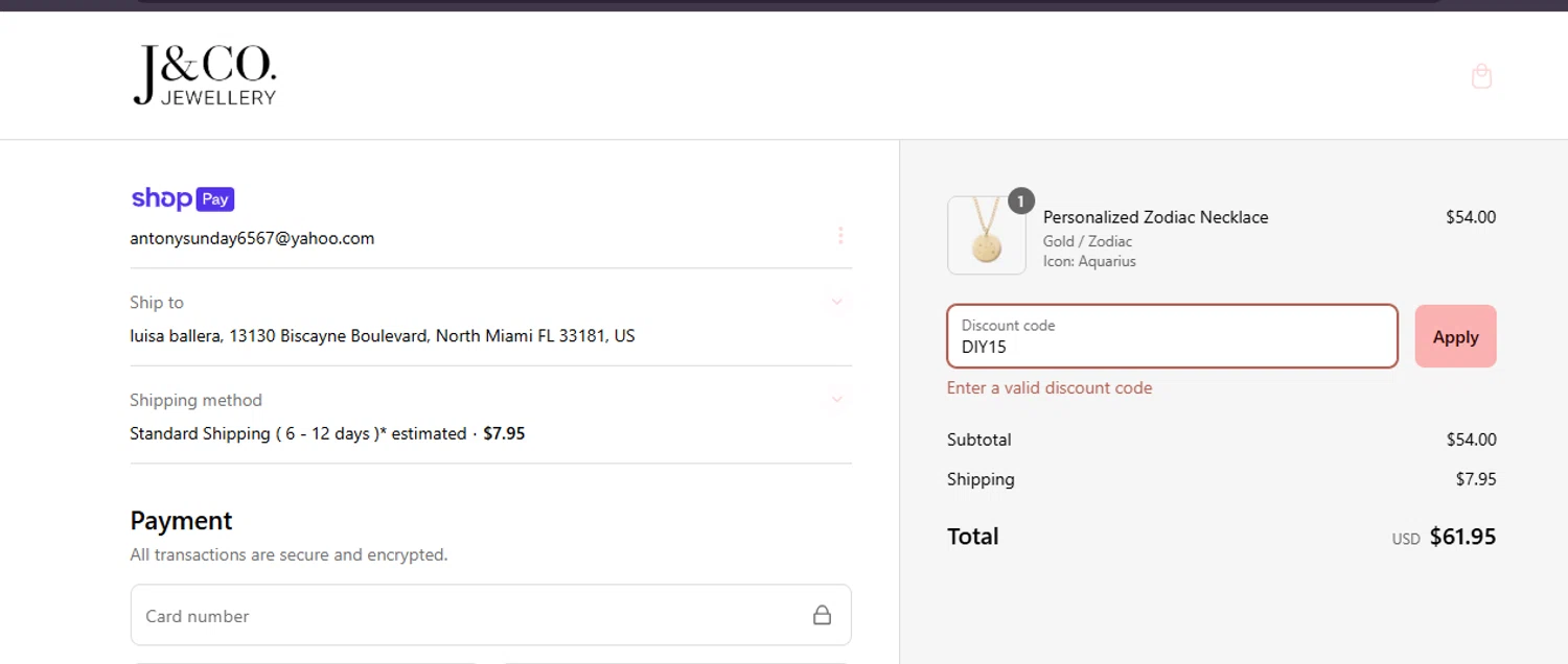 J&Co Jewellery discount code screenshot showing code DIY15 applied at J&Co Jewellery checkout page. Uploaded by SimplyCodes community member Lamadama on Mar 8, 2025