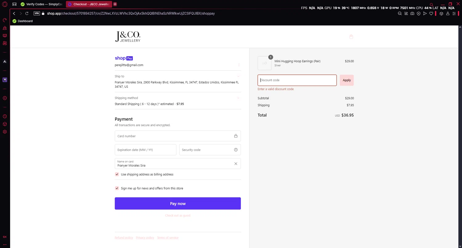 J&Co Jewellery discount code screenshot showing code EXTRA10 applied at J&Co Jewellery checkout page. Uploaded by SimplyCodes community member Franyer on Jan 16, 2025