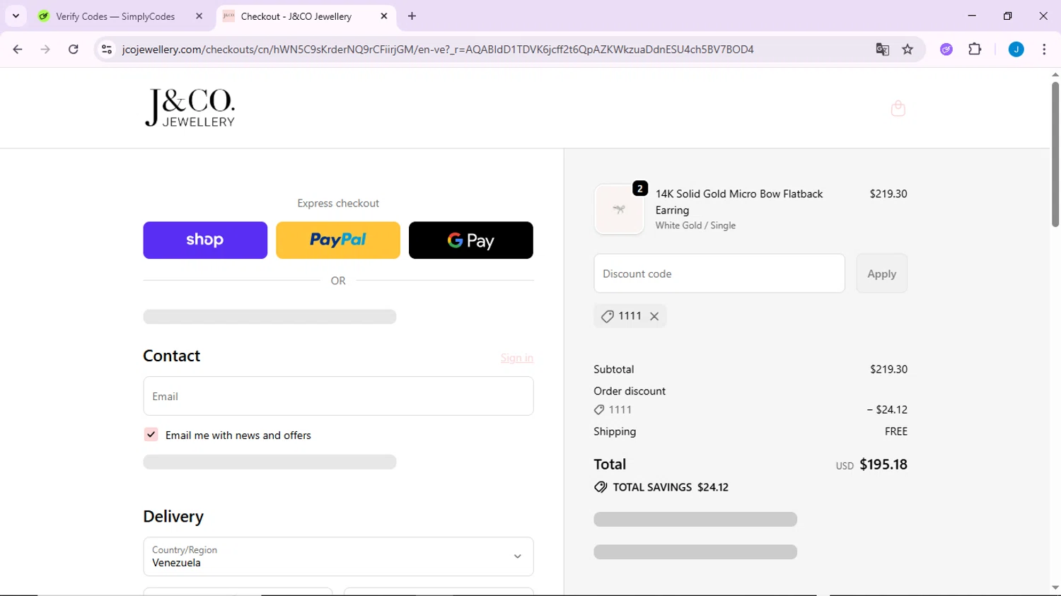 J&Co Jewellery checkout page showing J&Co Jewellery discount code box | Screenshot taken by SimplyCodes community member on Nov 12, 2025