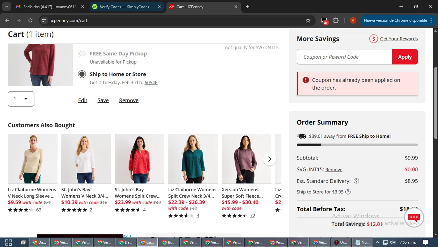 JCPenney promo code screenshot showing code SVGUNT15 applied at JCPenney checkout page. Uploaded by SimplyCodes community member WiseTracker2171 on Jan 29, 2026