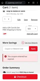 JCPenney coupon verification screenshot