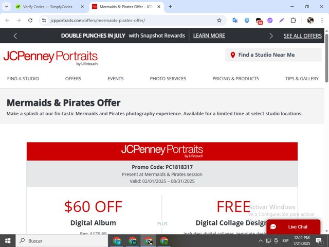 JCPenney Portraits checkout page showing JCPenney Portraits promo code box | Screenshot taken by SimplyCodes community member on Jul 21, 2025