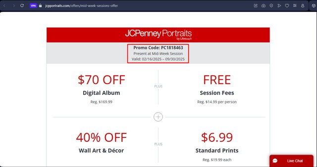 JCPenney Portraits checkout page showing JCPenney Portraits promo code box | Screenshot taken by SimplyCodes community member on Jul 21, 2025