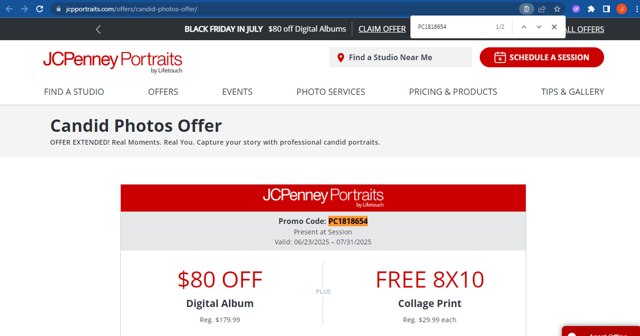 JCPenney Portraits checkout page showing JCPenney Portraits promo code box | Screenshot taken by SimplyCodes community member on Jul 20, 2025