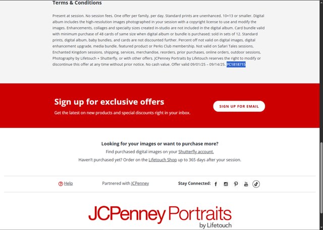 JCPenney Portraits checkout page showing JCPenney Portraits promo code box | Screenshot taken by SimplyCodes community member on Sep 3, 2025