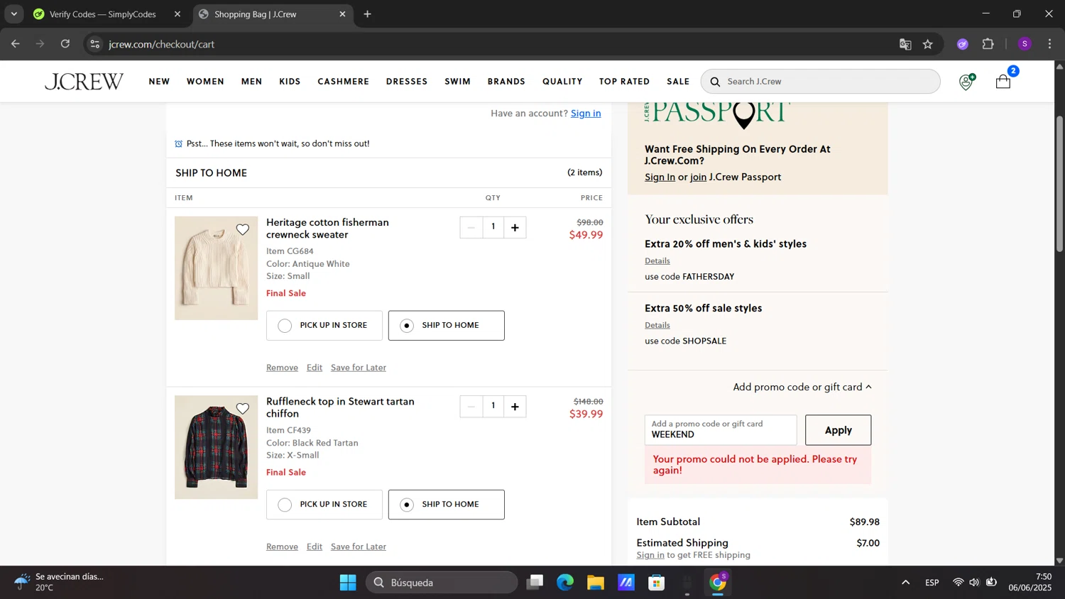 J. Crew promo code screenshot showing code WEEKEND applied at J. Crew checkout page. Uploaded by SimplyCodes community member sorialbam on Jun 6, 2025