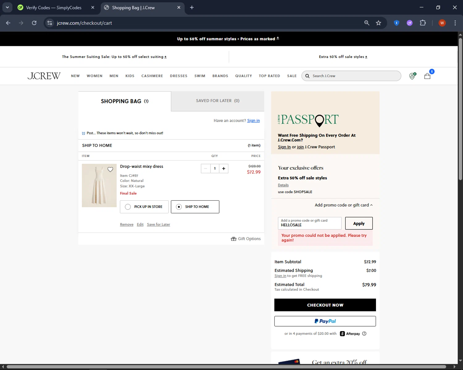 J. Crew promo code screenshot showing code HELLOSALE applied at J. Crew checkout page. Uploaded by SimplyCodes community member CashPro9699 on Aug 4, 2025