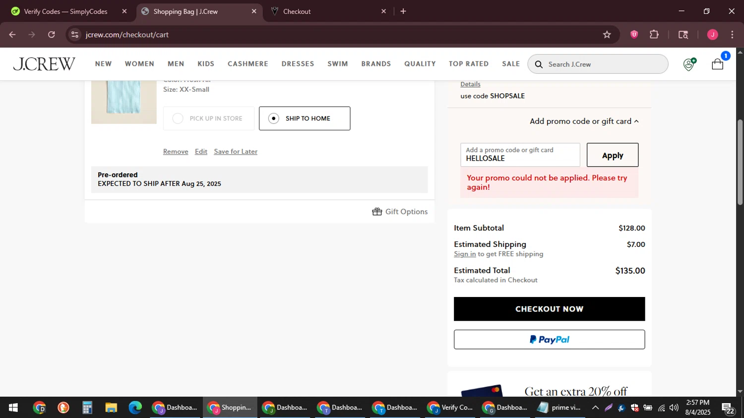 J. Crew promo code screenshot showing code HELLOSALE applied at J. Crew checkout page. Uploaded by SimplyCodes community member JackWilson63 on Aug 4, 2025