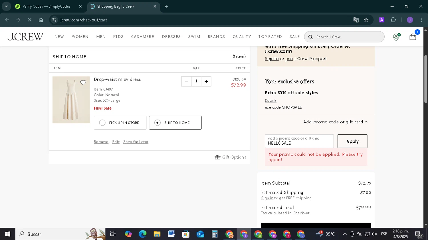 J. Crew promo code screenshot showing code HELLOSALE applied at J. Crew checkout page. Uploaded by SimplyCodes community member TAZ2024 on Aug 4, 2025