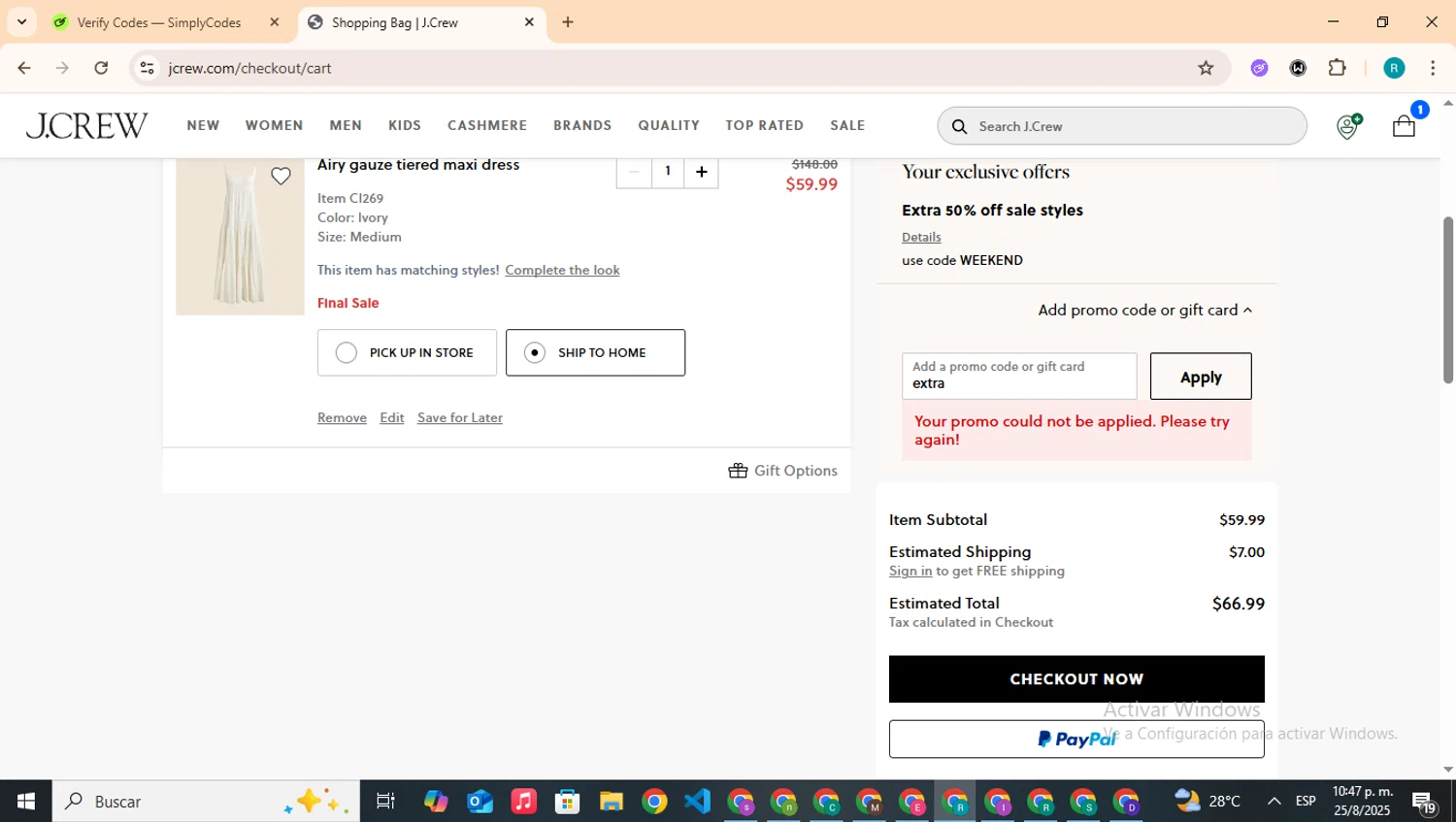 J. Crew promo code screenshot showing code extra applied at J. Crew checkout page. Uploaded by SimplyCodes community member BudgetHero4407 on Aug 26, 2025