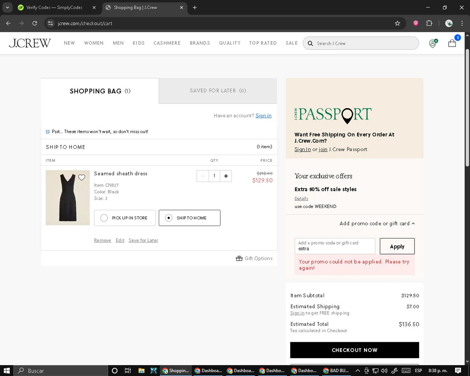 J. Crew promo code screenshot showing code extra applied at J. Crew checkout page. Uploaded by SimplyCodes community member RebateCaptain6440 on Aug 26, 2025