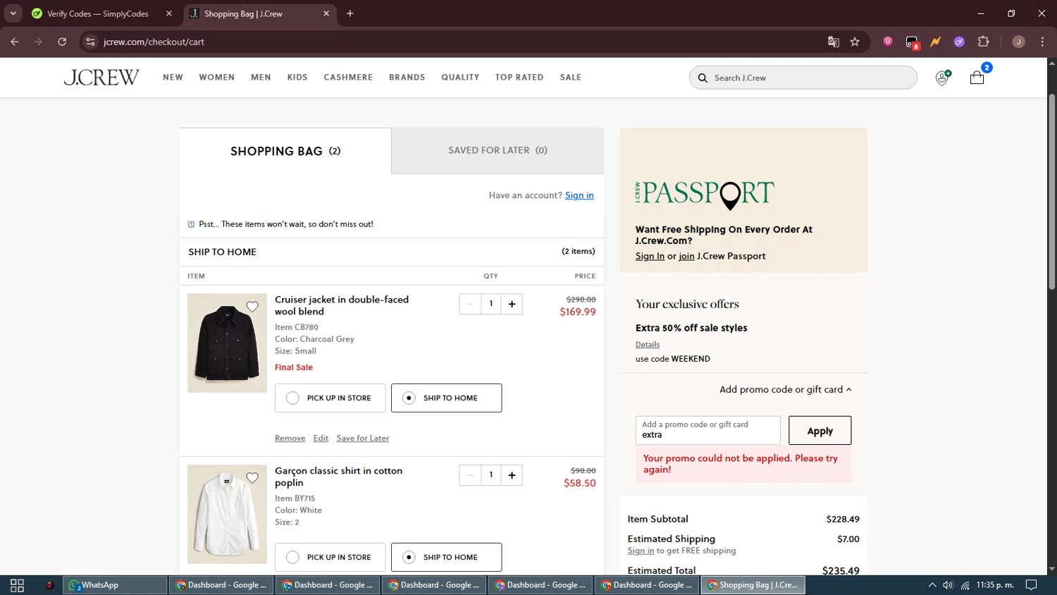 J. Crew promo code screenshot showing code extra applied at J. Crew checkout page. Uploaded by SimplyCodes community member ShrewdAdmiral5920 on Aug 26, 2025