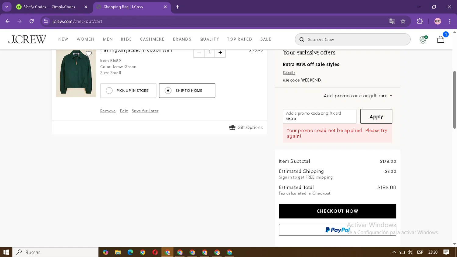 J. Crew promo code screenshot showing code extra applied at J. Crew checkout page. Uploaded by SimplyCodes community member miah1010 on Aug 26, 2025