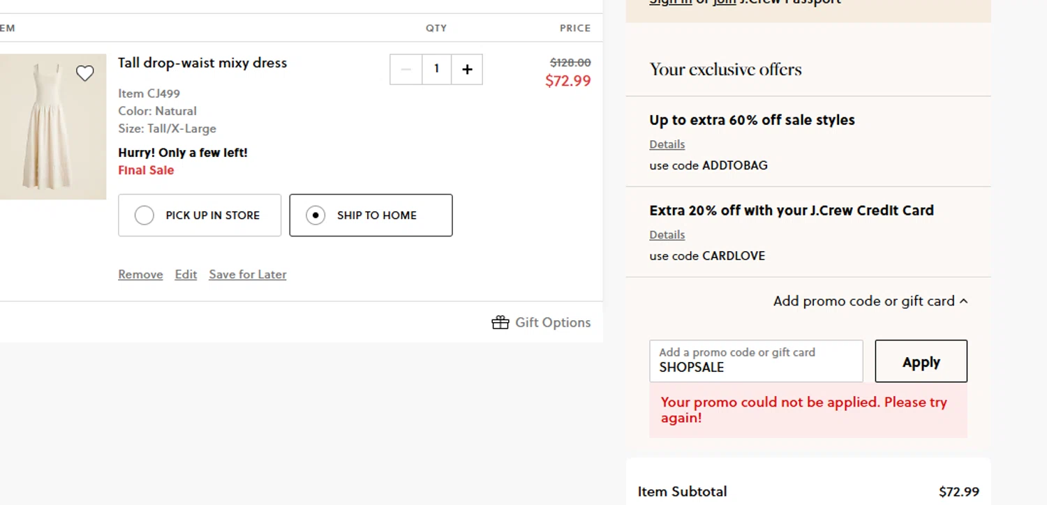 J. Crew promo code screenshot showing code SHOPSALE applied at J. Crew checkout page. Uploaded by SimplyCodes community member Firmino on Aug 8, 2025
