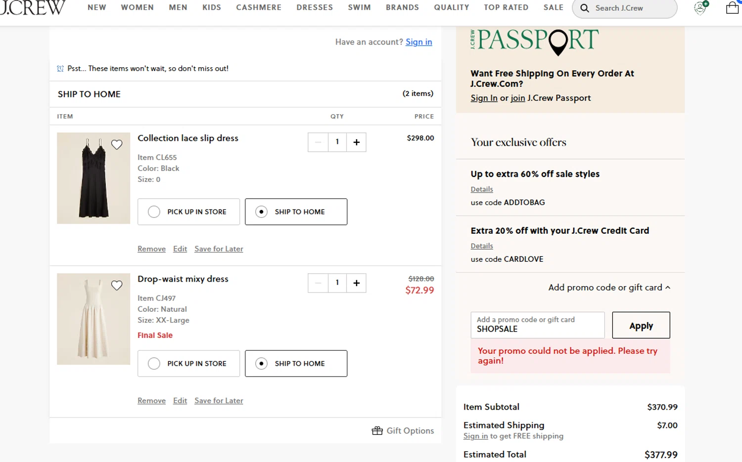 J. Crew promo code screenshot showing code SHOPSALE applied at J. Crew checkout page. Uploaded by SimplyCodes community member WonderSaver8569 on Aug 8, 2025