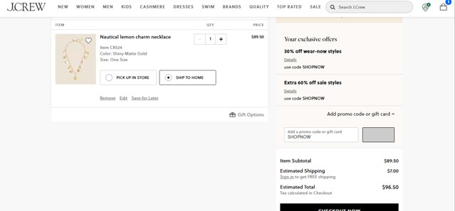 J. Crew checkout page showing J. Crew promo code box | Screenshot taken by SimplyCodes community member on Jul 19, 2025