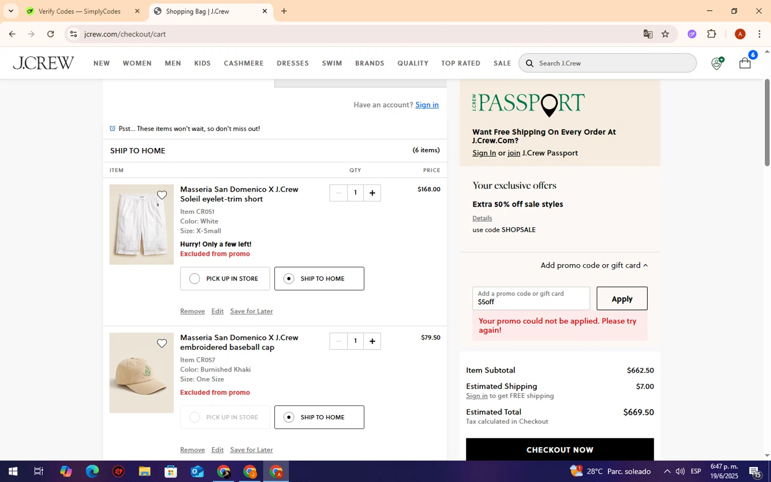 J. Crew promo code screenshot showing code $5off applied at J. Crew checkout page. Uploaded by SimplyCodes community member CryBabyy on Jun 19, 2025