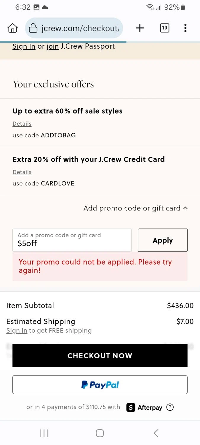 J. Crew promo code screenshot showing code $5off applied at J. Crew checkout page. Uploaded by SimplyCodes community member ScanMaverick9378 on Aug 9, 2025