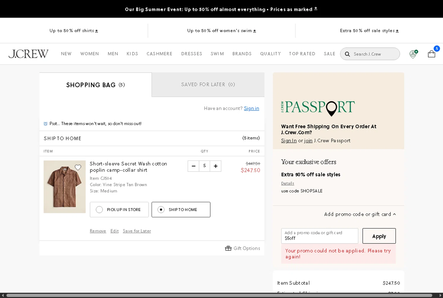 J. Crew promo code screenshot showing code $5off applied at J. Crew checkout page. Uploaded by SimplyCodes community member lisethchirino on Jun 19, 2025