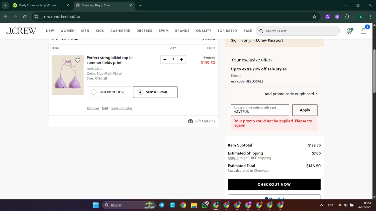 J. Crew promo code screenshot showing code HAVEFUN applied at J. Crew checkout page. Uploaded by SimplyCodes community member SaleHunter9008 on Jul 26, 2025
